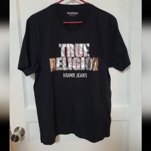 True Religion Black Short Sleeve Tee with Metallic Silver Logo